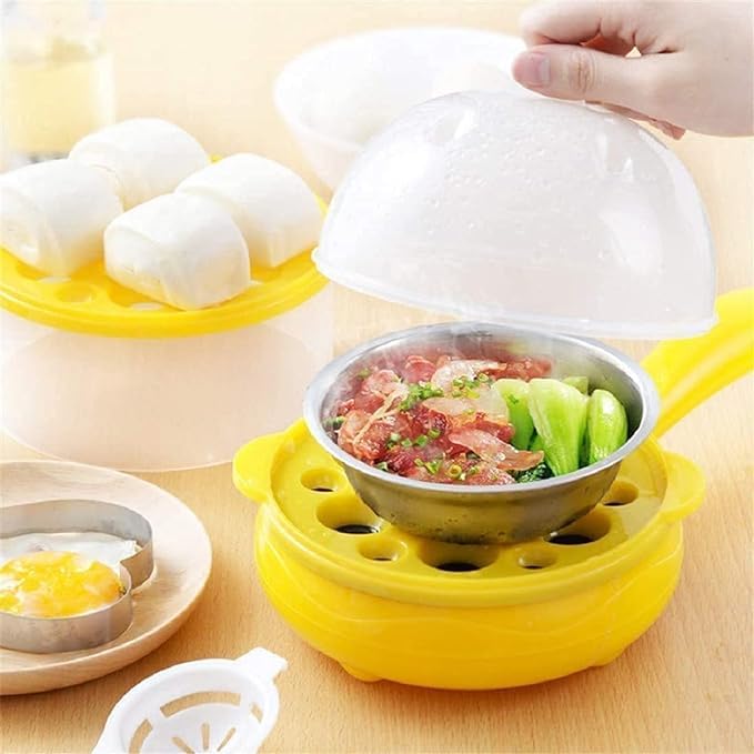 Votvy Single Handle egg bowler and Capacity of 7 Eggs Egg Boiling Non-Stick Steamer and Egg Frying Pan Machine 2 in 1 Single Layer Egg Boiler Omelette Maker and Other Egg Variety