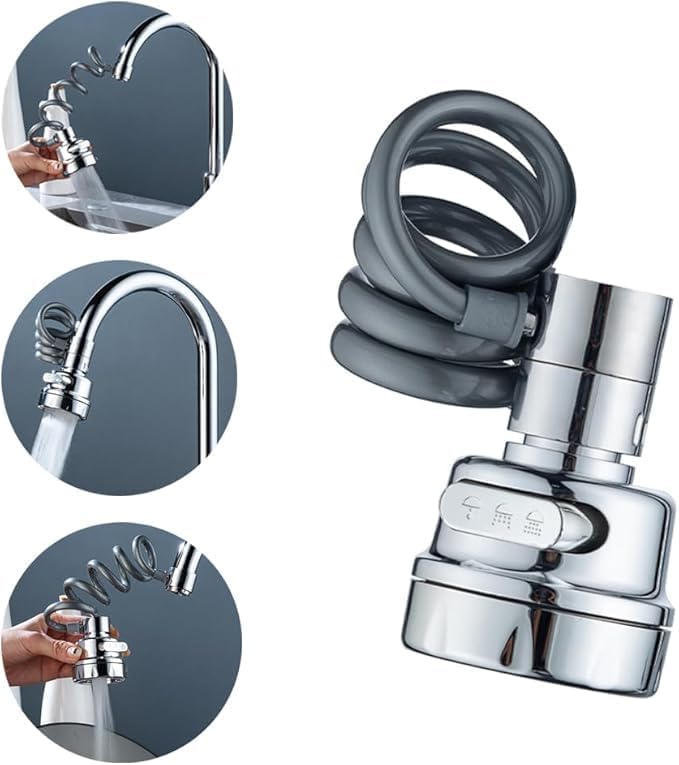 Votvy Tap Extender for Kitchen Sink, 3 Spray Modes Faucet Head Replacement, Sink Sprayer Faucet Tap Extender, Aerator with Stretchable Hose Attachment, Water Outlet for Kitchen, Bathroom (1, Silver)