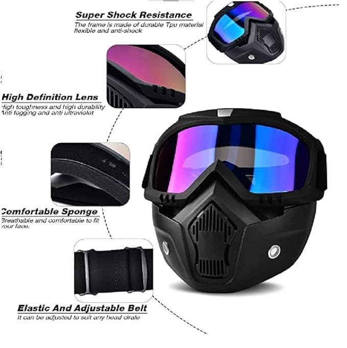 Votvy Goggle Mask Anti Scratch UV Protective Open Face & Eyewear Windproof Dirt Shield Adjustable Strap Soft Foam Padded Detachable for Cycling Bike Off Road Racing Riding Unisex