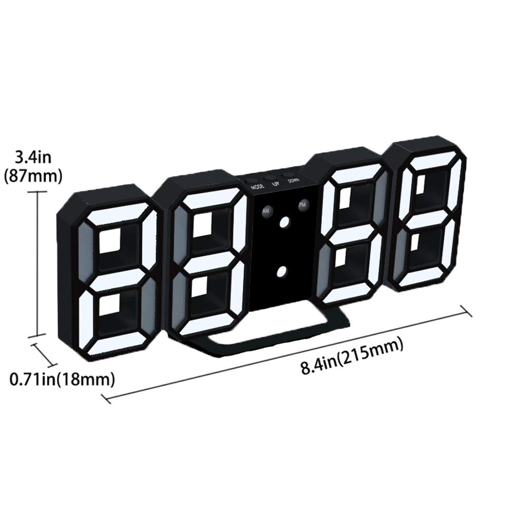 Votvy 3D Led Digital Alarm Clock Table Alarm Clock Manually Adjustable Brightness Electric Clock With Snooze Dimmer 12/24 Hour Mode Black-White