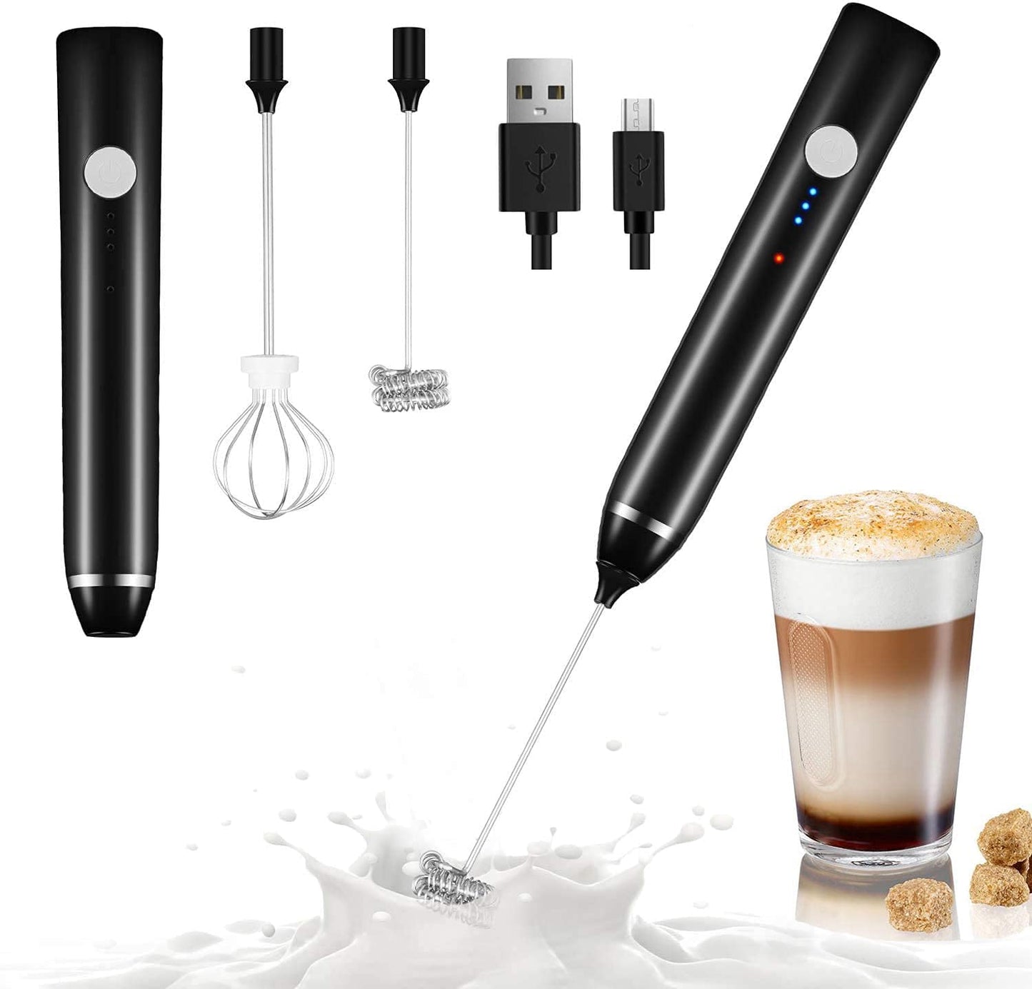Votvy Rechargeable Milk Frother Handheld with 2 Heads, Black Color Coffee Electric Whisk Drink Foam Mixer, Mini Hand Stirrer with 3 Speeds Adjustable for Latte, Cappuccino, Hot Chocolate, Egg