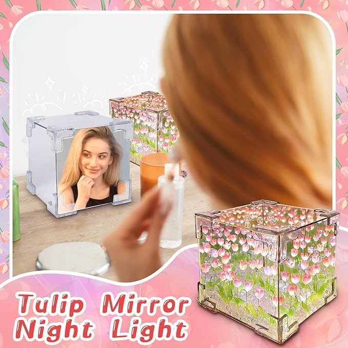 Votvy Acrylic DIY Tulip Cube Mirror Lamp, 30 Flowers LED Decorative Lamp, 2 In 1 Mirror & Table Ornaments For Bedroom Livingroom Desktop Decor Birthday Gift,Transparent