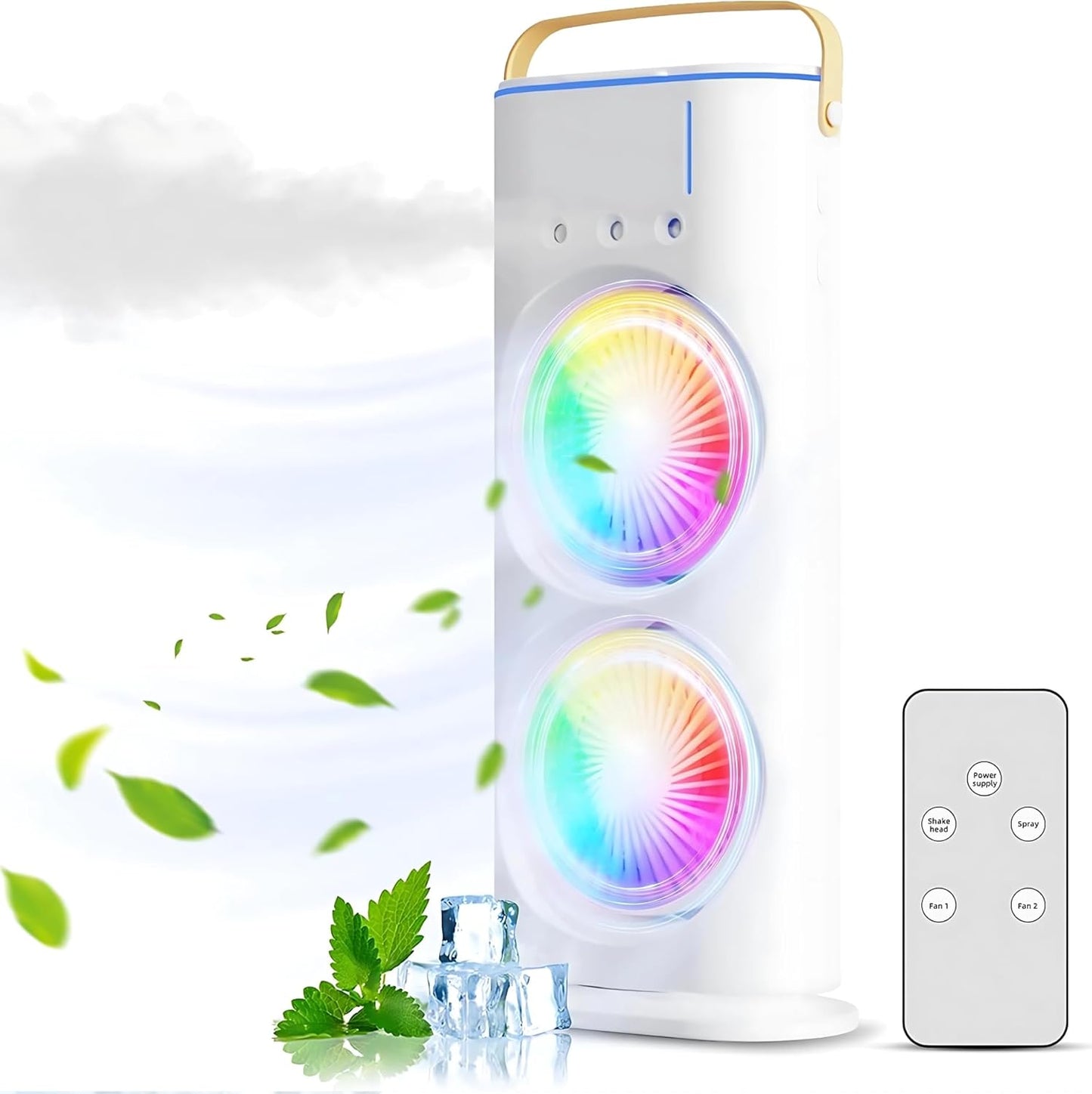 Votvy Electric Double Ended Spray Fan, Cold Air Fan, 2025 New 3 Gears USB Rechargeable Oscillating fan with LED Light Cooler Fan, Touch & Remote Control, 280ml Water Tank, Ice Filling Fan