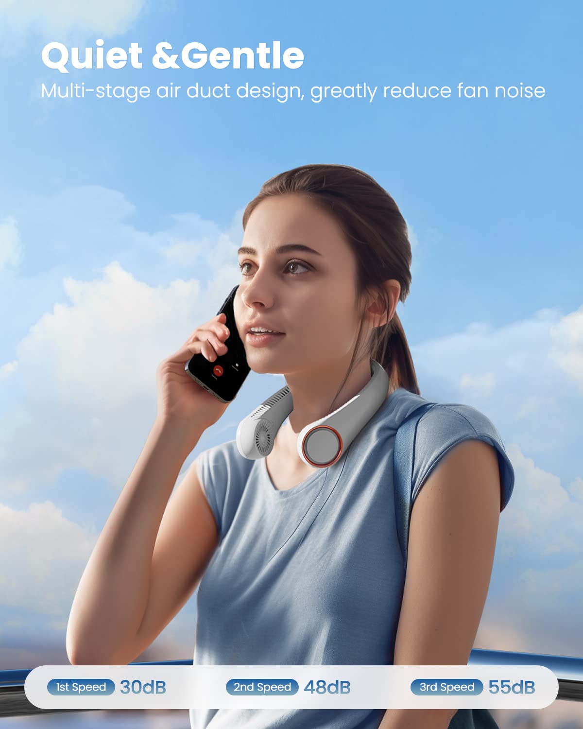 Votvy  Portable Electric Rechargeable Neck Fan USB Charging Battery Bladeless Neck Fan Smart Mini Hand Free 3 High Speed Fan Low Noise 360° Cooling NECK FAN