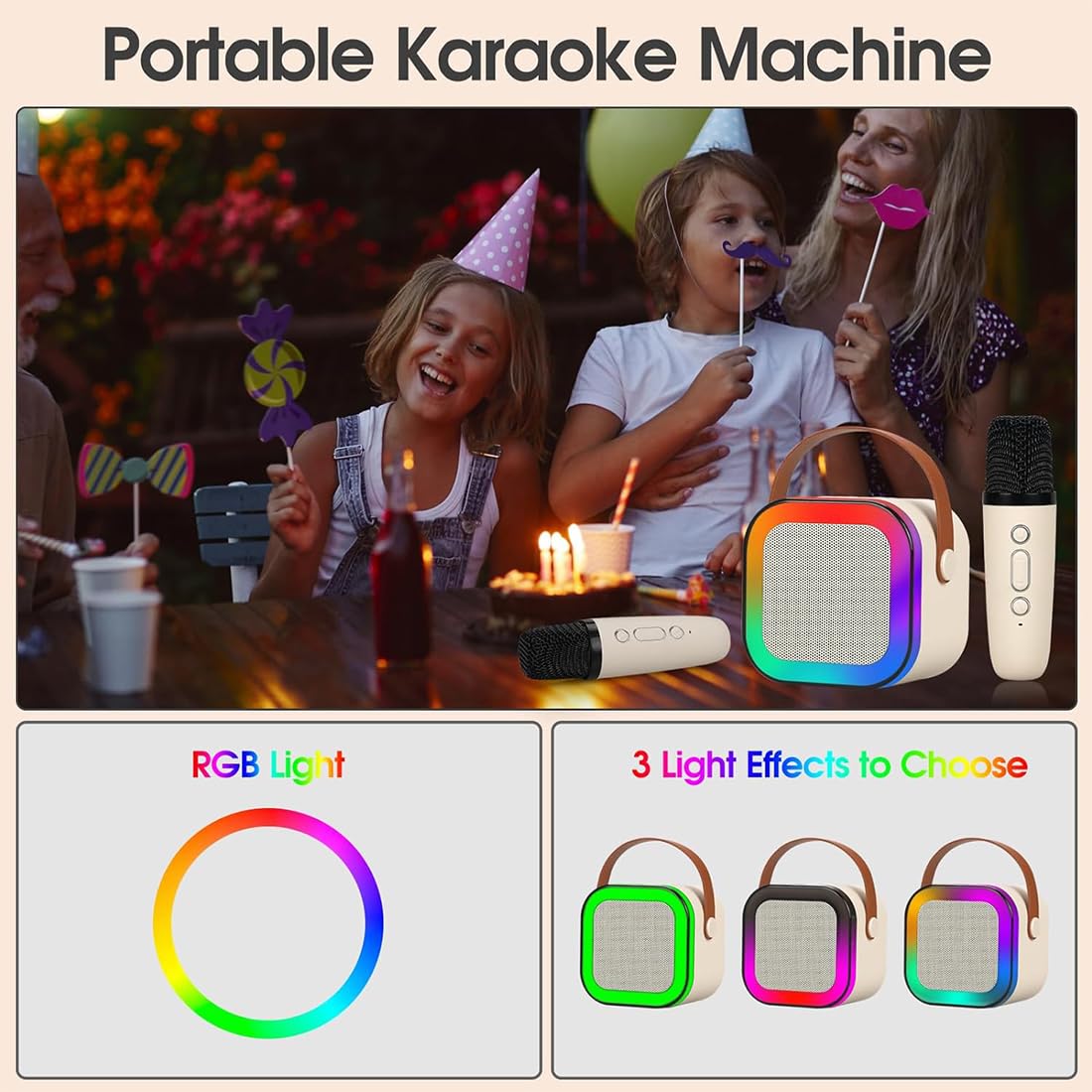 Votvy Electric Rechargeable Karaoke Mic with Speaker for Singing | Wireless Mini Portable Bluetooth Speaker with Microphone & LED Lights | Cute Birthday Gift for Kids Musical Toys for Boys, Girls and Adults