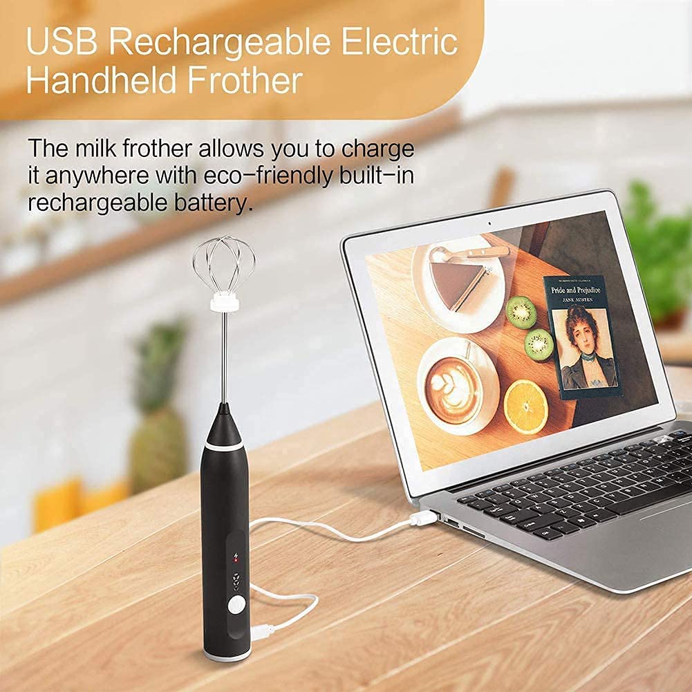 Votvy Rechargeable Milk Frother Handheld with 2 Heads, Black Color Coffee Electric Whisk Drink Foam Mixer, Mini Hand Stirrer with 3 Speeds Adjustable for Latte, Cappuccino, Hot Chocolate, Egg