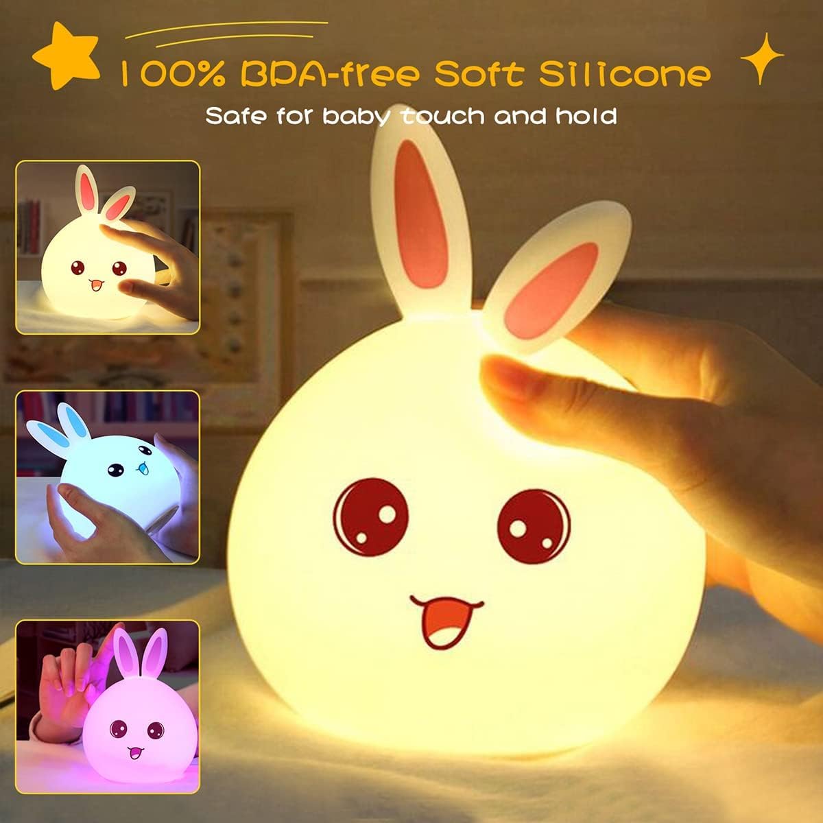 Votvy Electric  Night Lamp for Kids,Silicone Cute Little Rabbit LED Table Lamp, Birthday Gift for Kids (2-5 Years), Colour Changing with USB Rechargeable Night Light(Rabbit Lamp), Multicolour