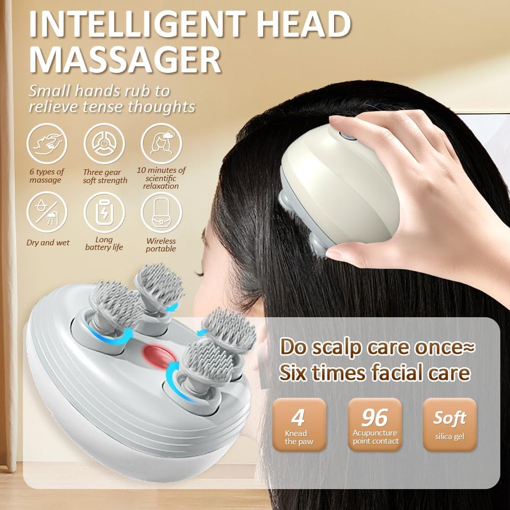 Votvy Scalp Massager Rechargeable Electric Head Kneading Massager, 3 Speed Modes, Handheld Portable Head Scratcher Massager for Hair Growth, Deep Clean & Stress Relax electric Head Massager Machine