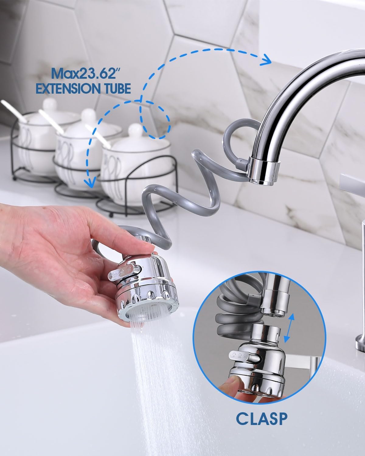 Votvy Tap Extender for Kitchen Sink, 3 Spray Modes Faucet Head Replacement, Sink Sprayer Faucet Tap Extender, Aerator with Stretchable Hose Attachment, Water Outlet for Kitchen, Bathroom (1, Silver)