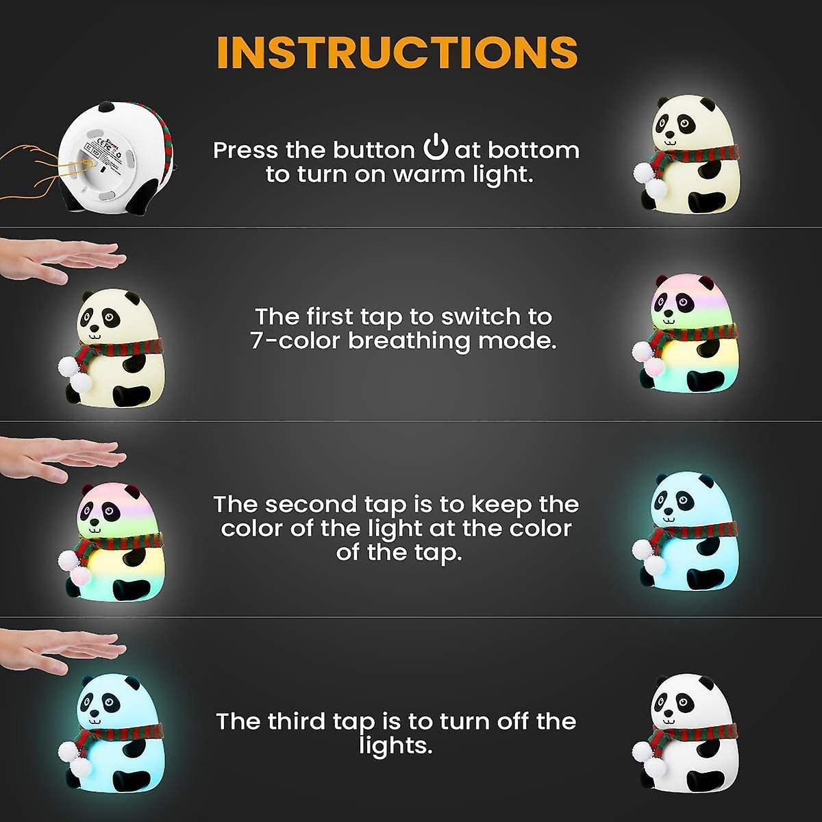 Votvy Electric  Rechargeable Panda Lamp, Cute Silicone Kawaii Night Lamp For Bedroom With Touch Gesture 7 Color Changing Adorable Christmas Gift Kids, Light,Table,Beside Kids Room