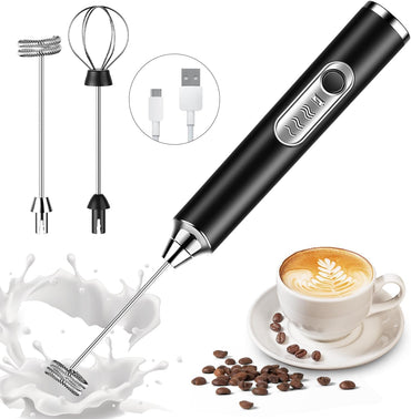 Votvy Rechargeable Milk Frother Handheld with 2 Heads, Black Color Coffee Electric Whisk Drink Foam Mixer, Mini Hand Stirrer with 3 Speeds Adjustable for Latte, Cappuccino, Hot Chocolate, Egg