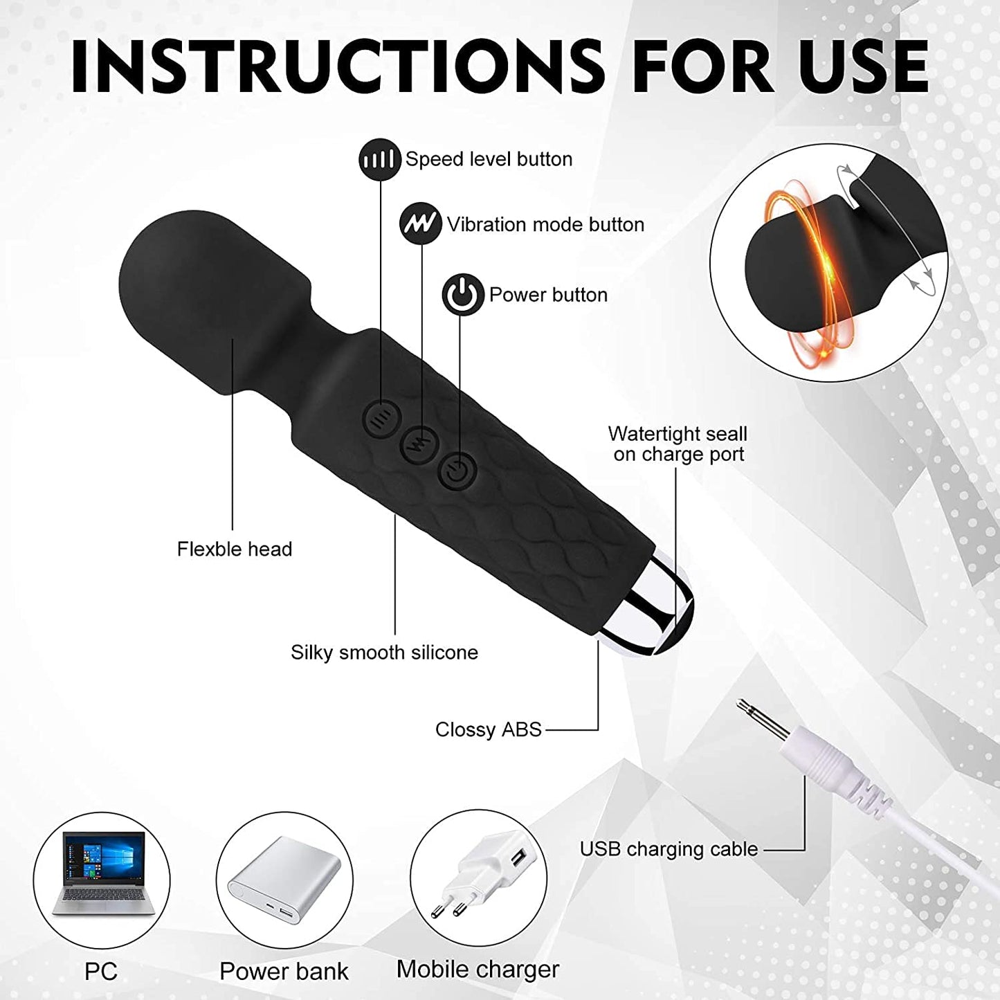 Votvy  Full Body Massager for Women & Men, Rechargeable Wireless Massager Machine for Pain Relief, Handheld Massager with Medical Grade Silicone, 8 Speeds, 20 Modes, (Black)Electric