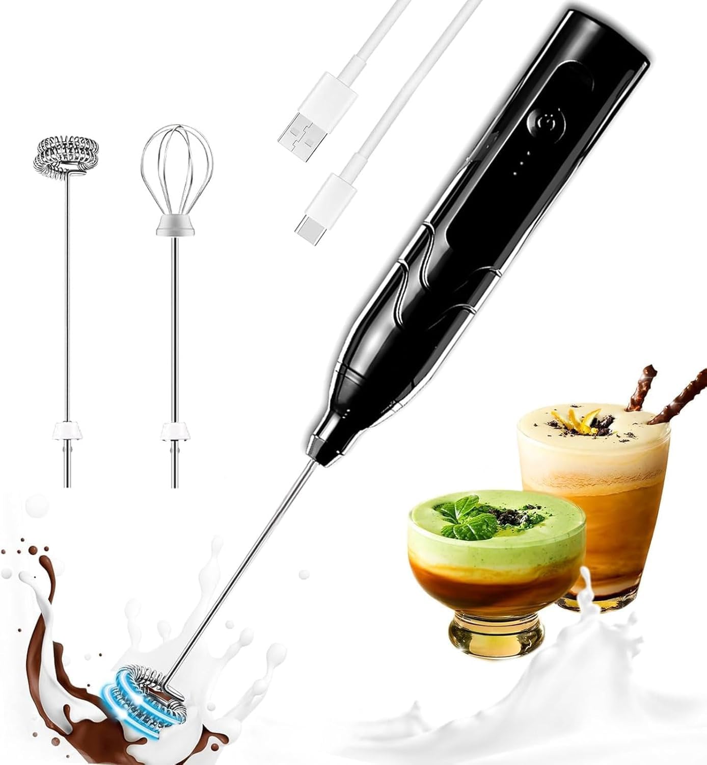 Votvy Rechargeable Milk Frother Handheld with 2 Heads, Black Color Coffee Electric Whisk Drink Foam Mixer, Mini Hand Stirrer with 3 Speeds Adjustable for Latte, Cappuccino, Hot Chocolate, Egg