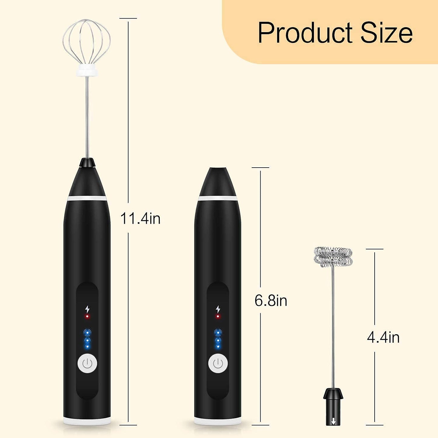 Votvy Rechargeable Milk Frother Handheld with 2 Heads, Black Color Coffee Electric Whisk Drink Foam Mixer, Mini Hand Stirrer with 3 Speeds Adjustable for Latte, Cappuccino, Hot Chocolate, Egg