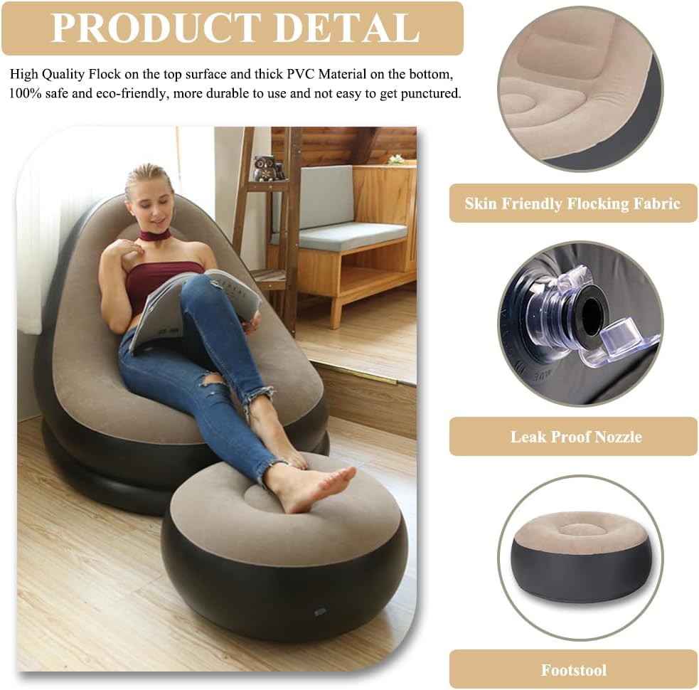 Votvy   Chair, Portable Fast Inflatable Sofa Chair with Foot Stool, Surface with Plush Smooth Comfortable Ideal for Living Room, Room and Outdoor Camping use