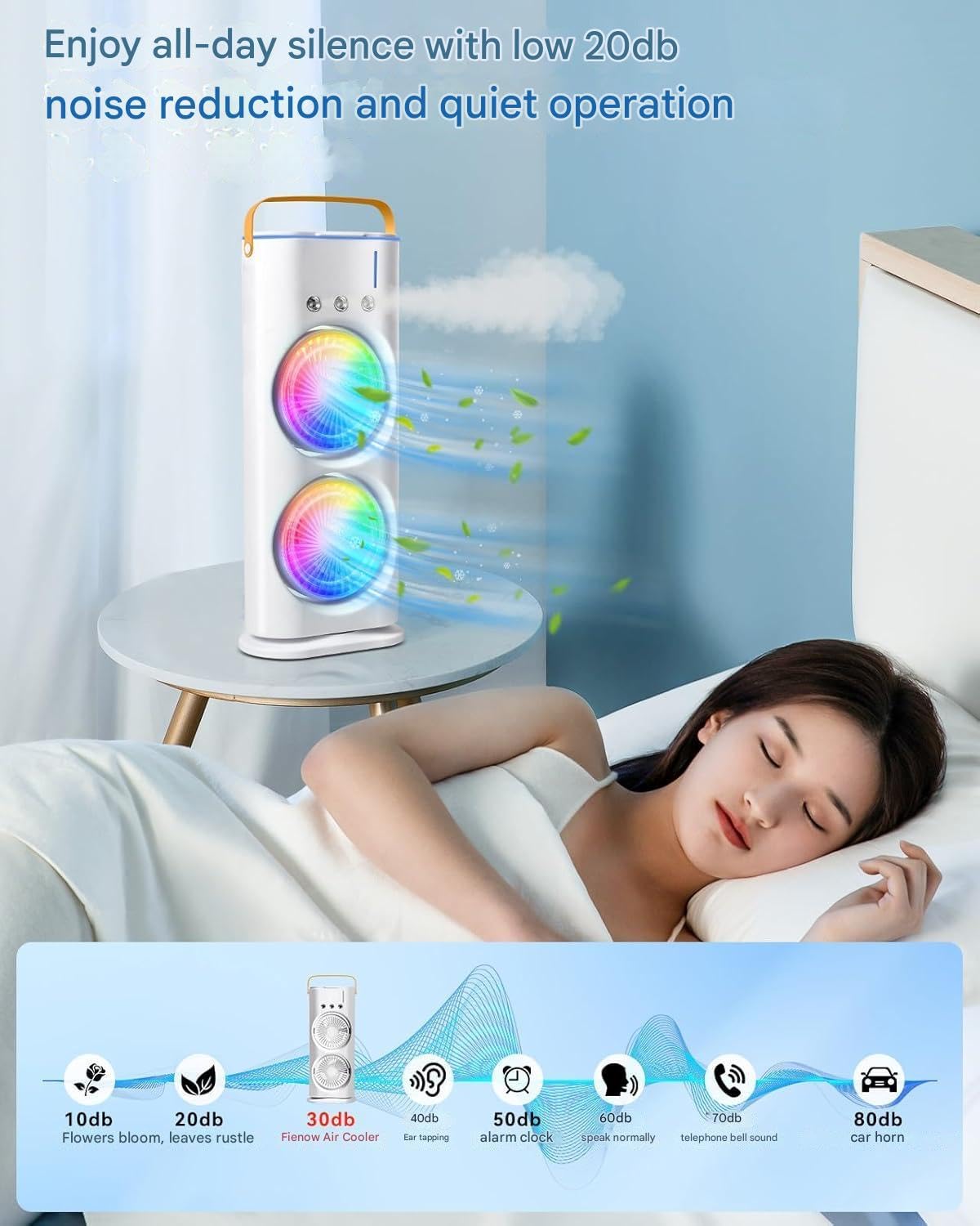 Votvy Electric Double Ended Spray Fan, Cold Air Fan, 2025 New 3 Gears USB Rechargeable Oscillating fan with LED Light Cooler Fan, Touch & Remote Control, 280ml Water Tank, Ice Filling Fan