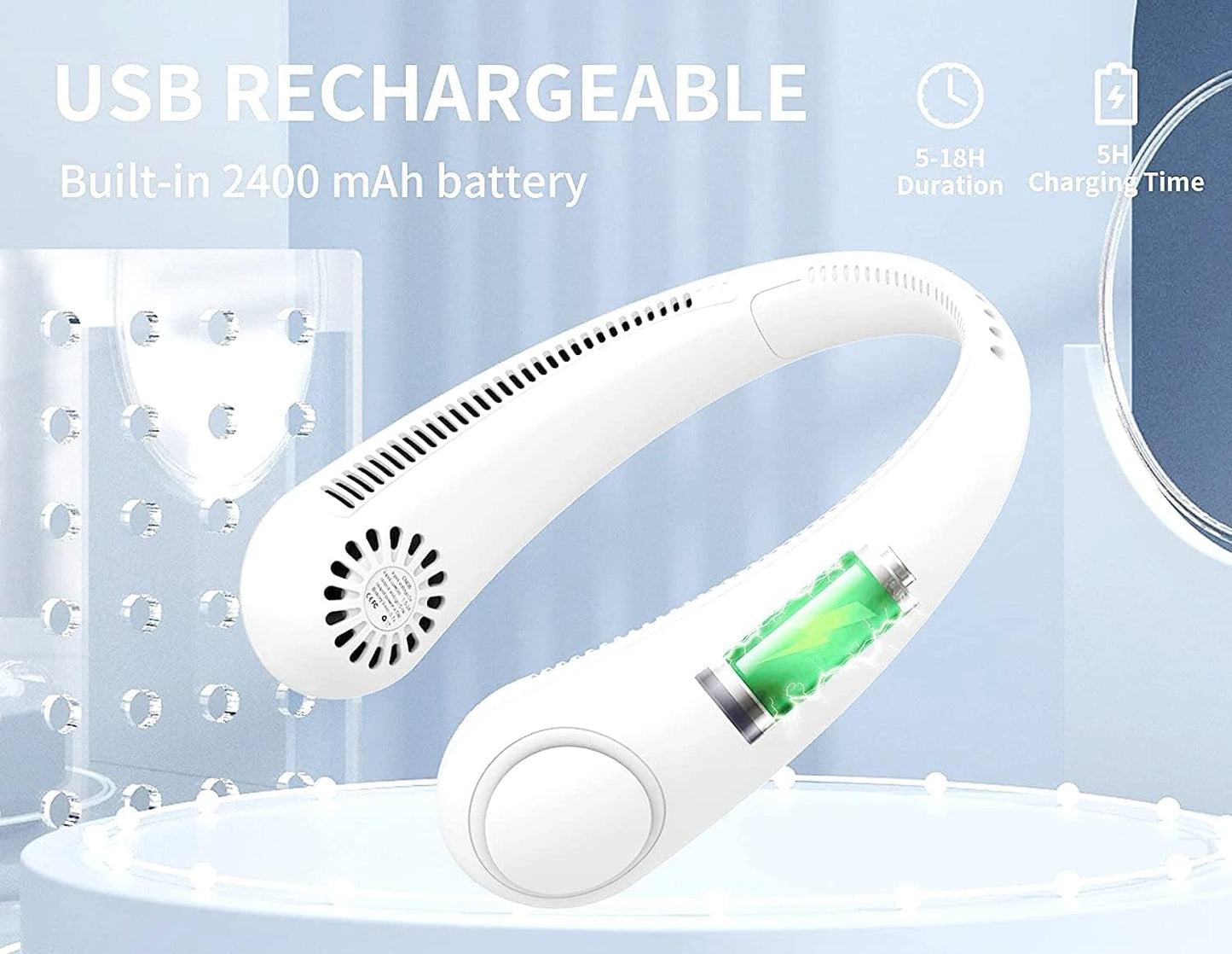 Votvy  Portable Electric Rechargeable Neck Fan USB Charging Battery Bladeless Neck Fan Smart Mini Hand Free 3 High Speed Fan Low Noise 360° Cooling NECK FAN