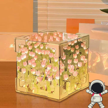 Votvy Acrylic DIY Tulip Cube Mirror Lamp, 30 Flowers LED Decorative Lamp, 2 In 1 Mirror & Table Ornaments For Bedroom Livingroom Desktop Decor Birthday Gift,Transparent