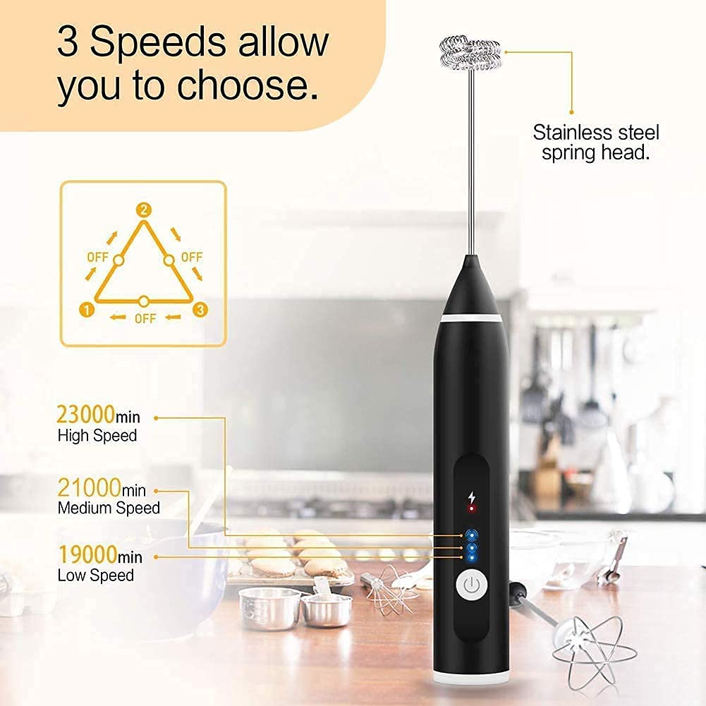 Votvy Rechargeable Milk Frother Handheld with 2 Heads, Black Color Coffee Electric Whisk Drink Foam Mixer, Mini Hand Stirrer with 3 Speeds Adjustable for Latte, Cappuccino, Hot Chocolate, Egg