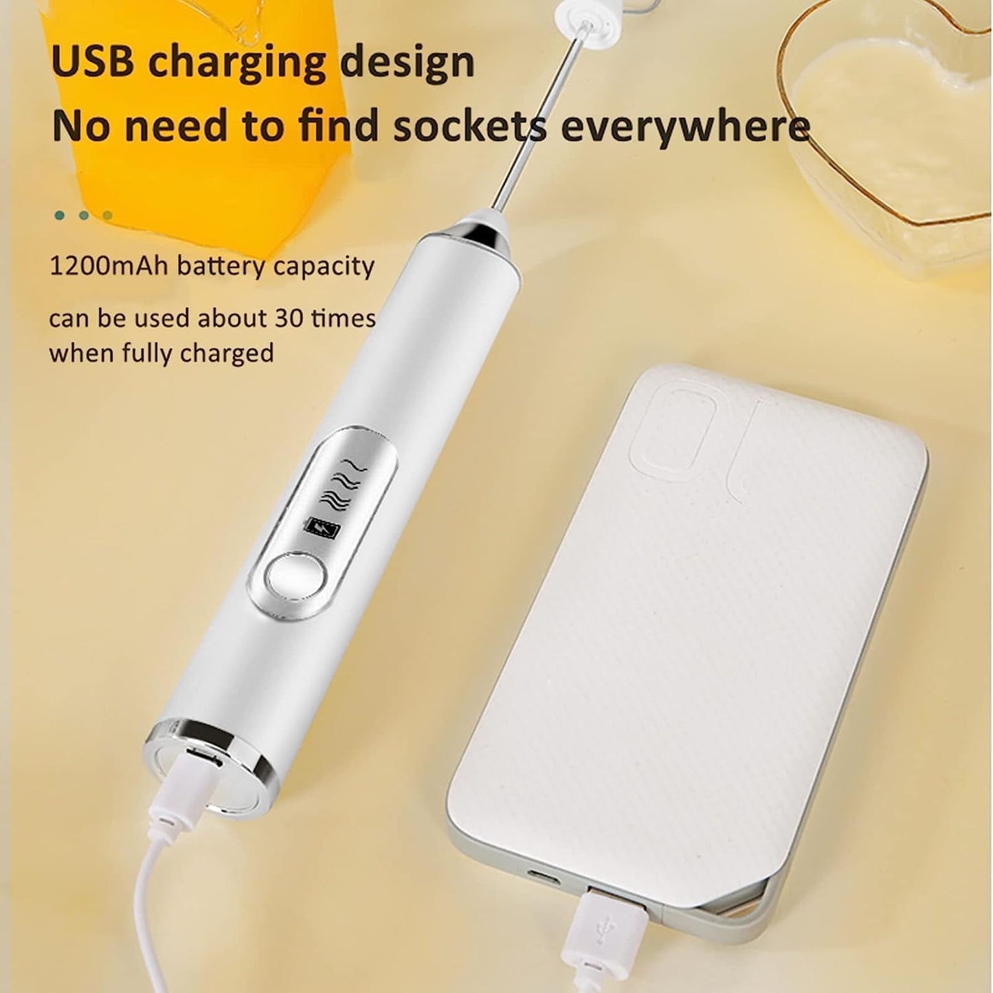 Votvy Rechargeable Milk Frother Handheld with 2 Heads, Black Color Coffee Electric Whisk Drink Foam Mixer, Mini Hand Stirrer with 3 Speeds Adjustable for Latte, Cappuccino, Hot Chocolate, Egg
