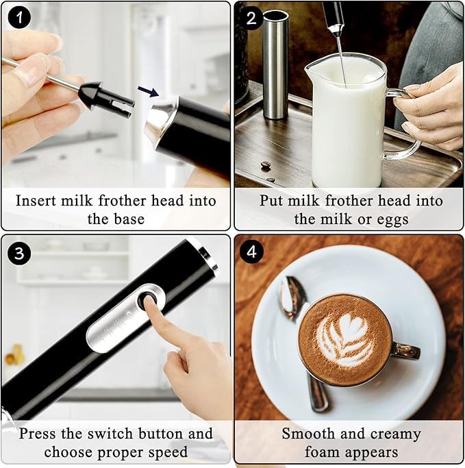 Votvy Rechargeable Milk Frother Handheld with 2 Heads, Black Color Coffee Electric Whisk Drink Foam Mixer, Mini Hand Stirrer with 3 Speeds Adjustable for Latte, Cappuccino, Hot Chocolate, Egg