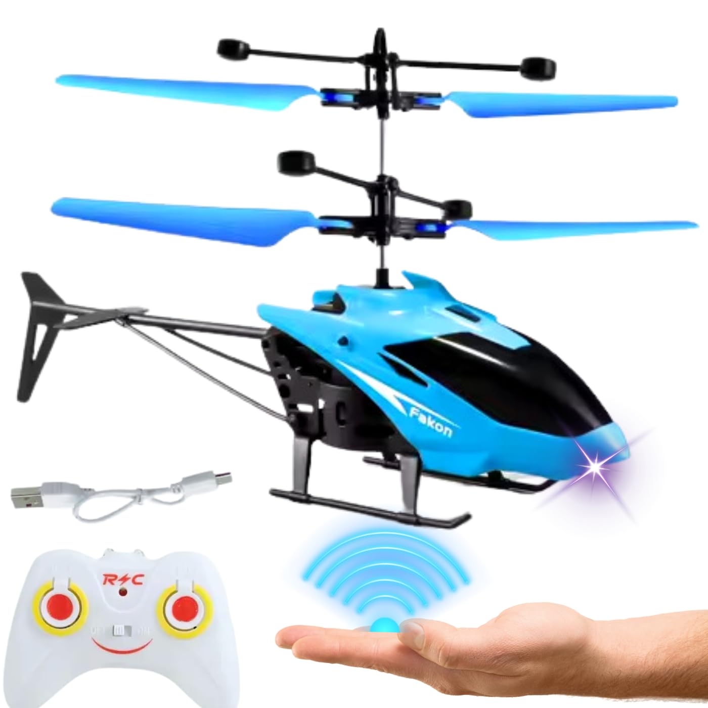 Votvy  Flying Helicopter with 2 in 1 Play Gravity Vacant and Remote, Gravity Vacant Helicopter with Charging, 3D Light & Safety Sensor, Helicopter for Kids Age 4+ Years I Pack of 1 (Blue)