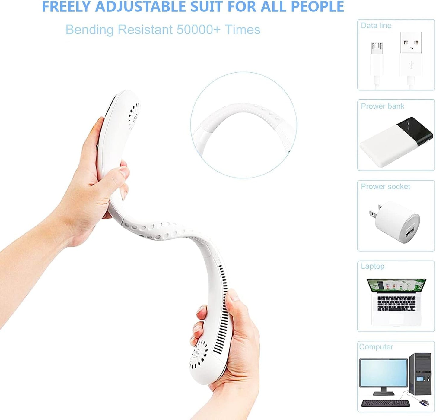 Votvy  Portable Electric Rechargeable Neck Fan USB Charging Battery Bladeless Neck Fan Smart Mini Hand Free 3 High Speed Fan Low Noise 360° Cooling NECK FAN