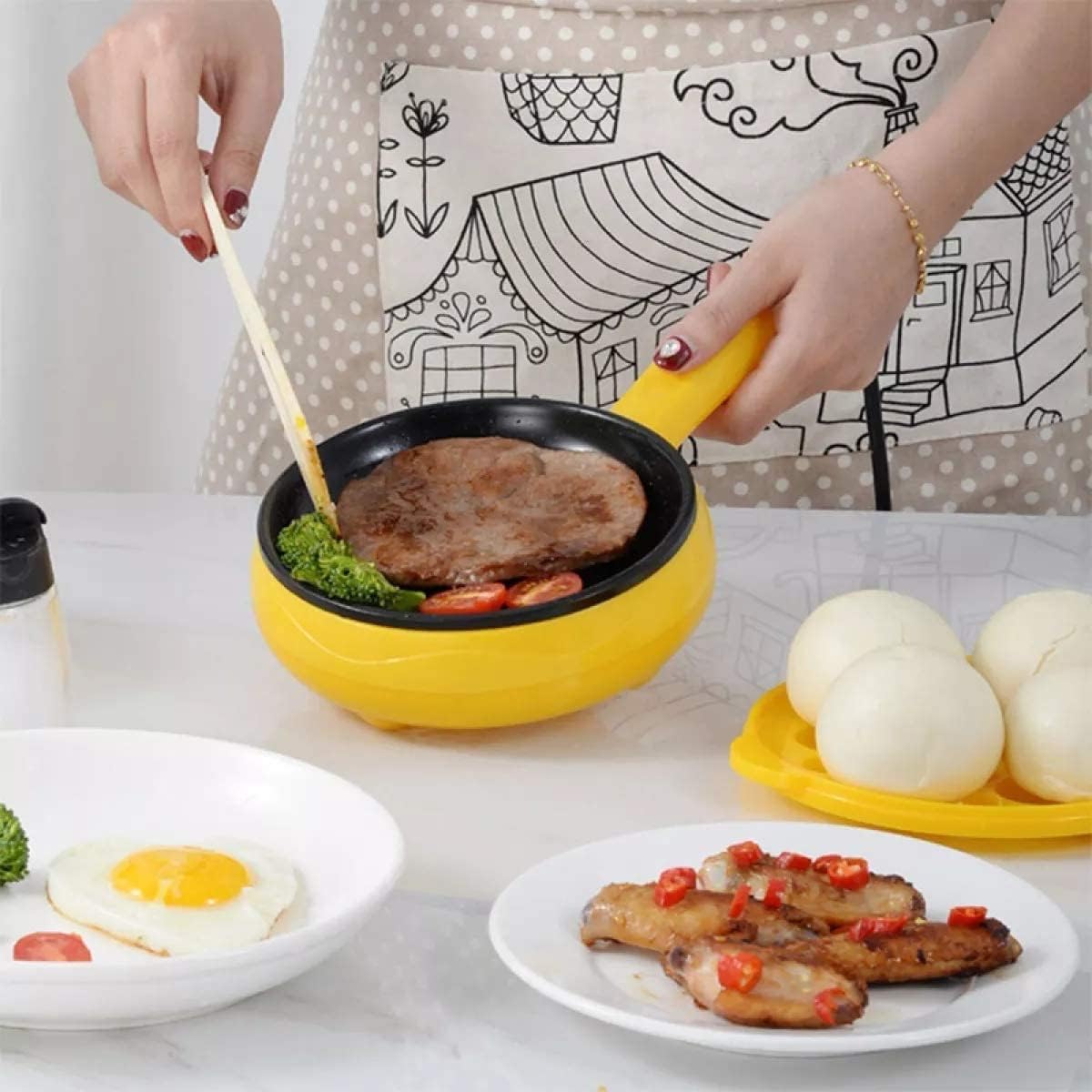 Votvy Single Handle egg bowler and Capacity of 7 Eggs Egg Boiling Non-Stick Steamer and Egg Frying Pan Machine 2 in 1 Single Layer Egg Boiler Omelette Maker and Other Egg Variety