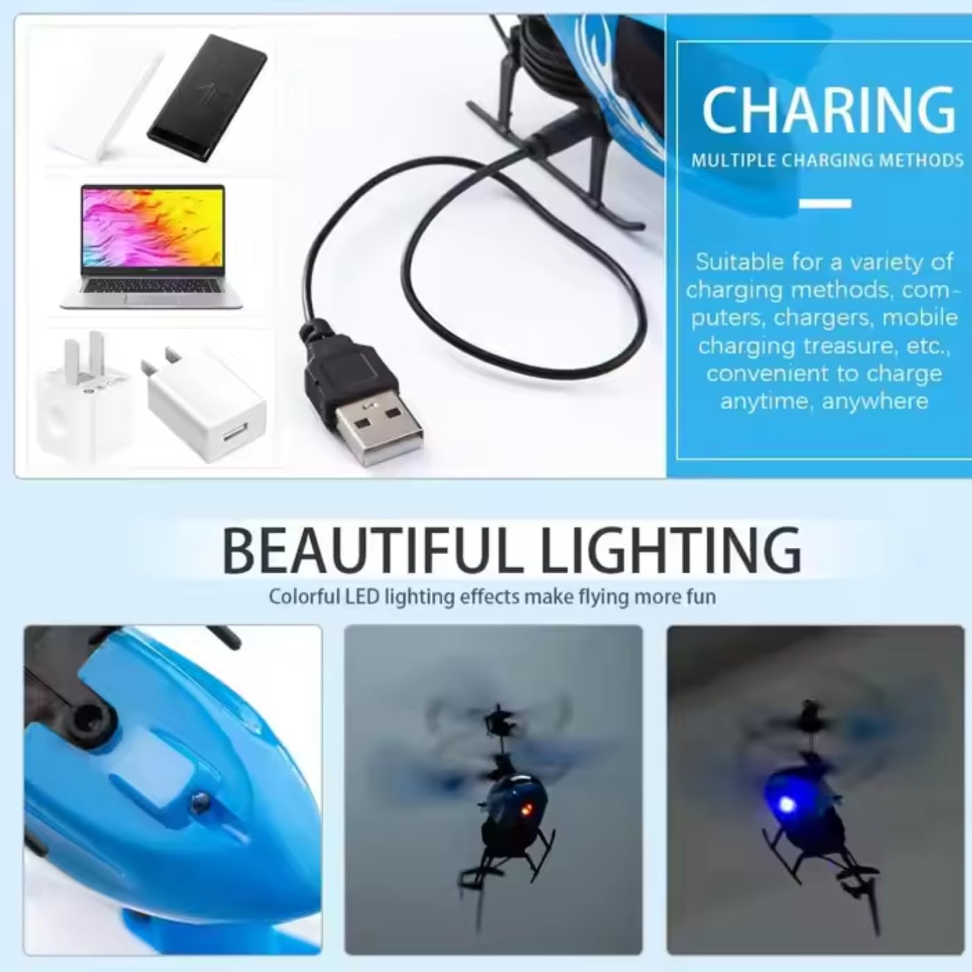 Votvy  Flying Helicopter with 2 in 1 Play Gravity Vacant and Remote, Gravity Vacant Helicopter with Charging, 3D Light & Safety Sensor, Helicopter for Kids Age 4+ Years I Pack of 1 (Blue)