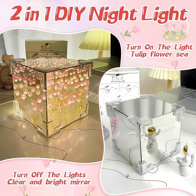 Votvy Acrylic DIY Tulip Cube Mirror Lamp, 30 Flowers LED Decorative Lamp, 2 In 1 Mirror & Table Ornaments For Bedroom Livingroom Desktop Decor Birthday Gift,Transparent