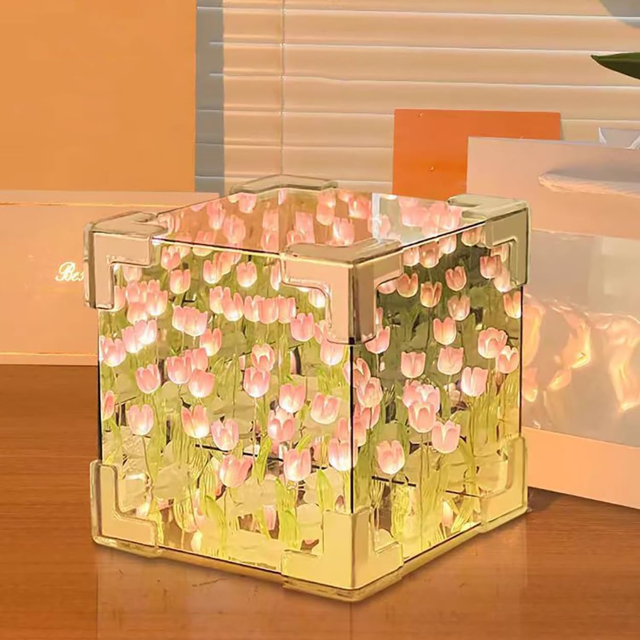 Votvy Acrylic DIY Tulip Cube Mirror Lamp, 30 Flowers LED Decorative Lamp, 2 In 1 Mirror & Table Ornaments For Bedroom Livingroom Desktop Decor Birthday Gift,Transparent