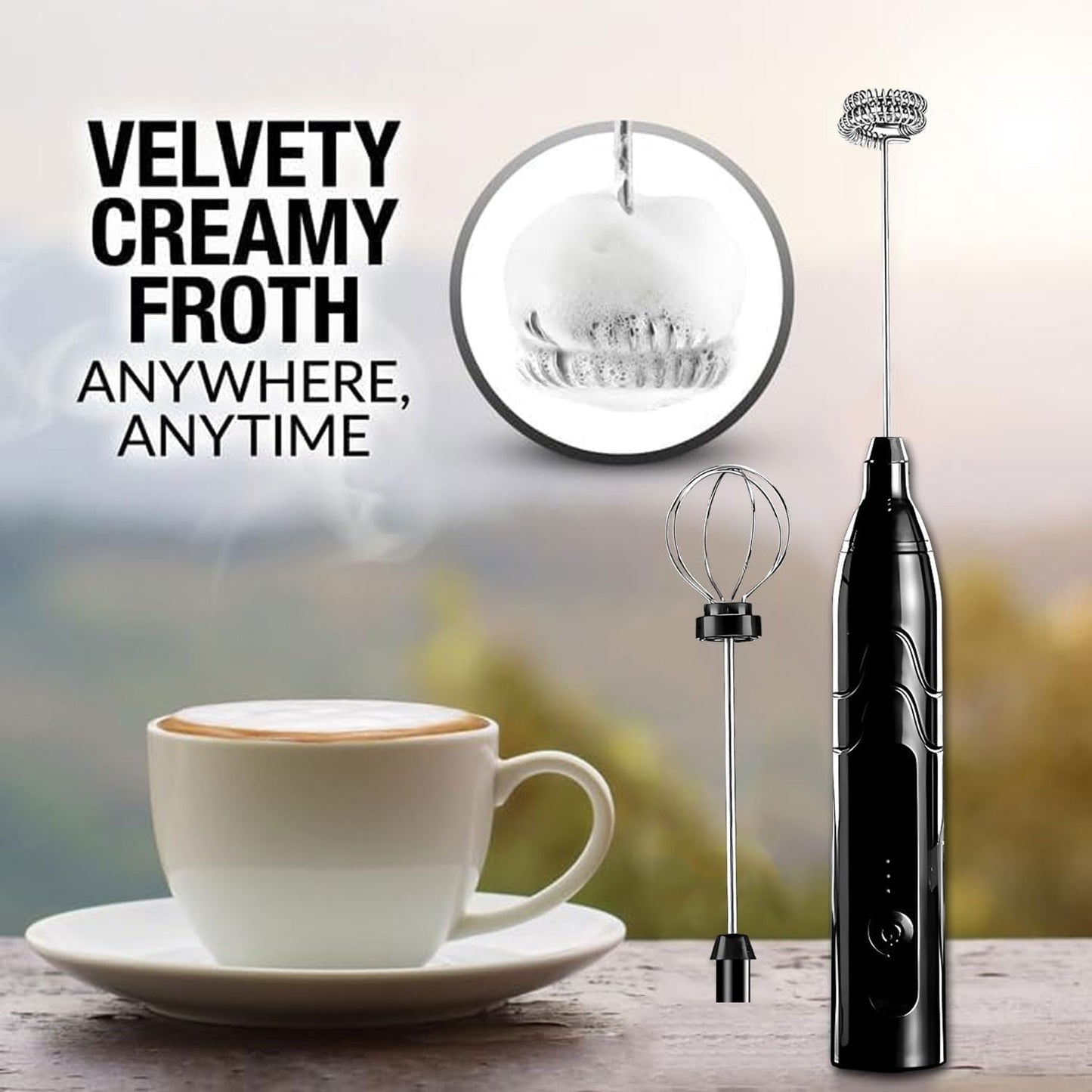 Votvy Rechargeable Milk Frother Handheld with 2 Heads, Black Color Coffee Electric Whisk Drink Foam Mixer, Mini Hand Stirrer with 3 Speeds Adjustable for Latte, Cappuccino, Hot Chocolate, Egg