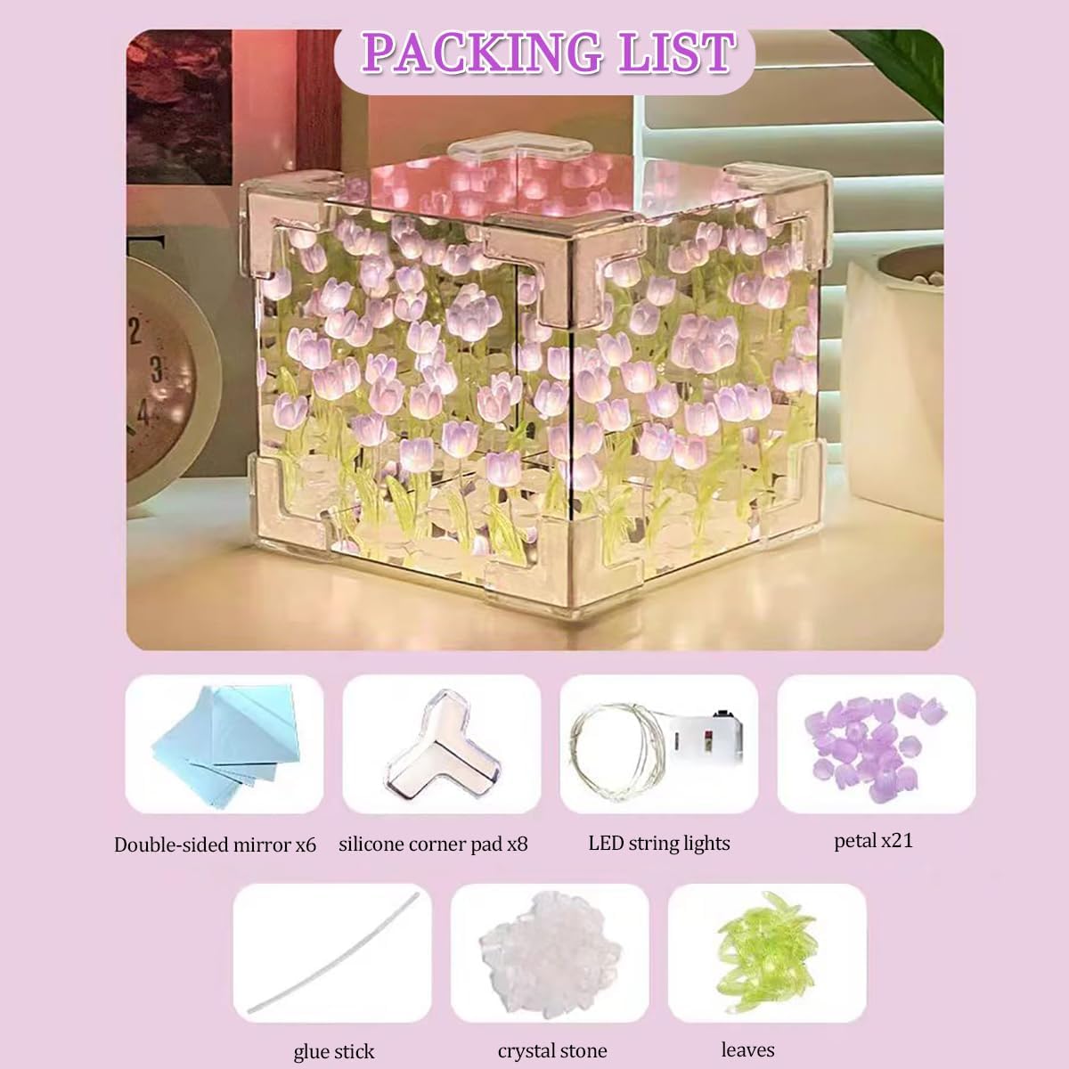 Votvy Acrylic DIY Tulip Cube Mirror Lamp, 30 Flowers LED Decorative Lamp, 2 In 1 Mirror & Table Ornaments For Bedroom Livingroom Desktop Decor Birthday Gift,Transparent