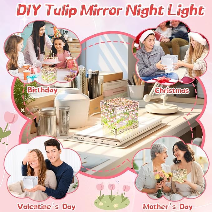 Votvy Acrylic DIY Tulip Cube Mirror Lamp, 30 Flowers LED Decorative Lamp, 2 In 1 Mirror & Table Ornaments For Bedroom Livingroom Desktop Decor Birthday Gift,Transparent