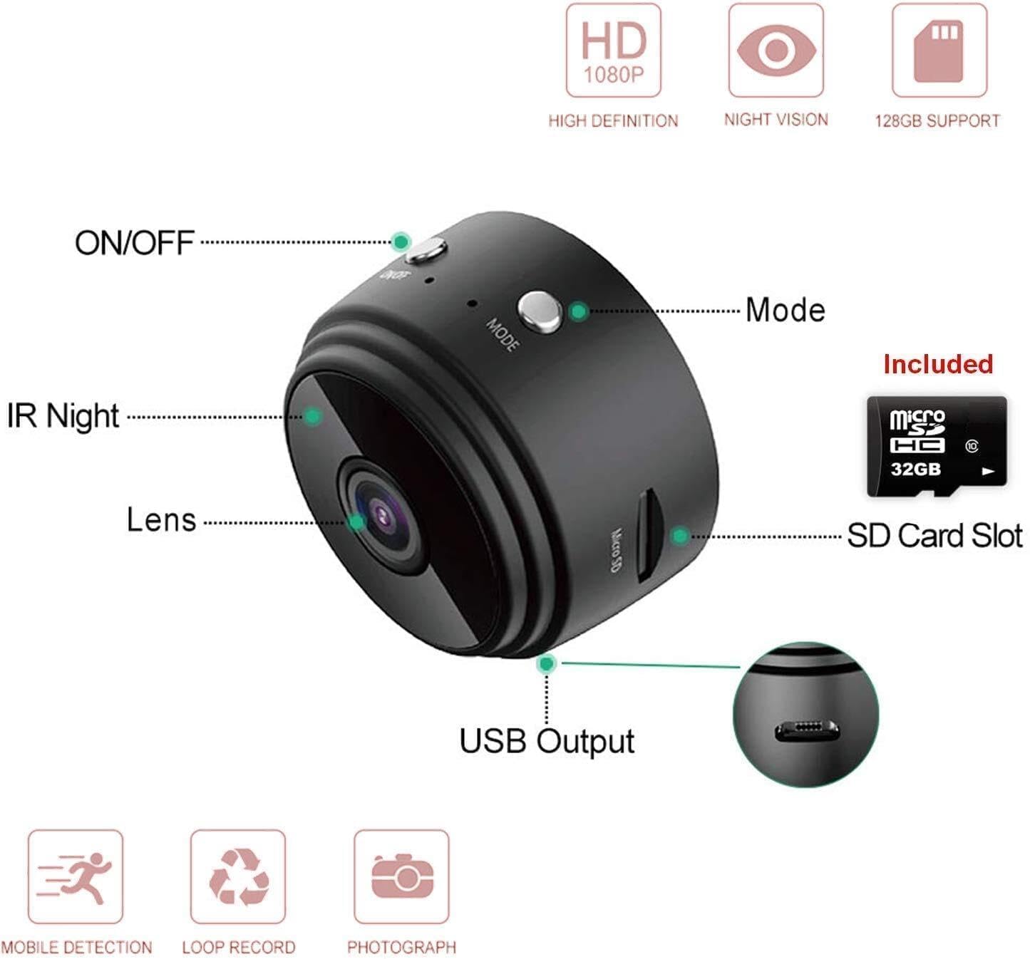 Votvy 1080P Mini Spy Camera with Low Light Vision, Mini Portable Security Camera, Hidden Camera with Audio and Video Recorder for Home/Office Security Camera (Black)