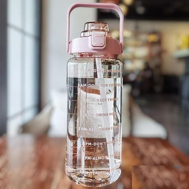 Votvy 2L Capacity Belt Straw Transparent Motivational Water Bottle for Office, School, College Gym&Sports Time Marker Leak Proof & Break-Proof comes with Silicon Brush BPA-Free, Multicolor, Plastic