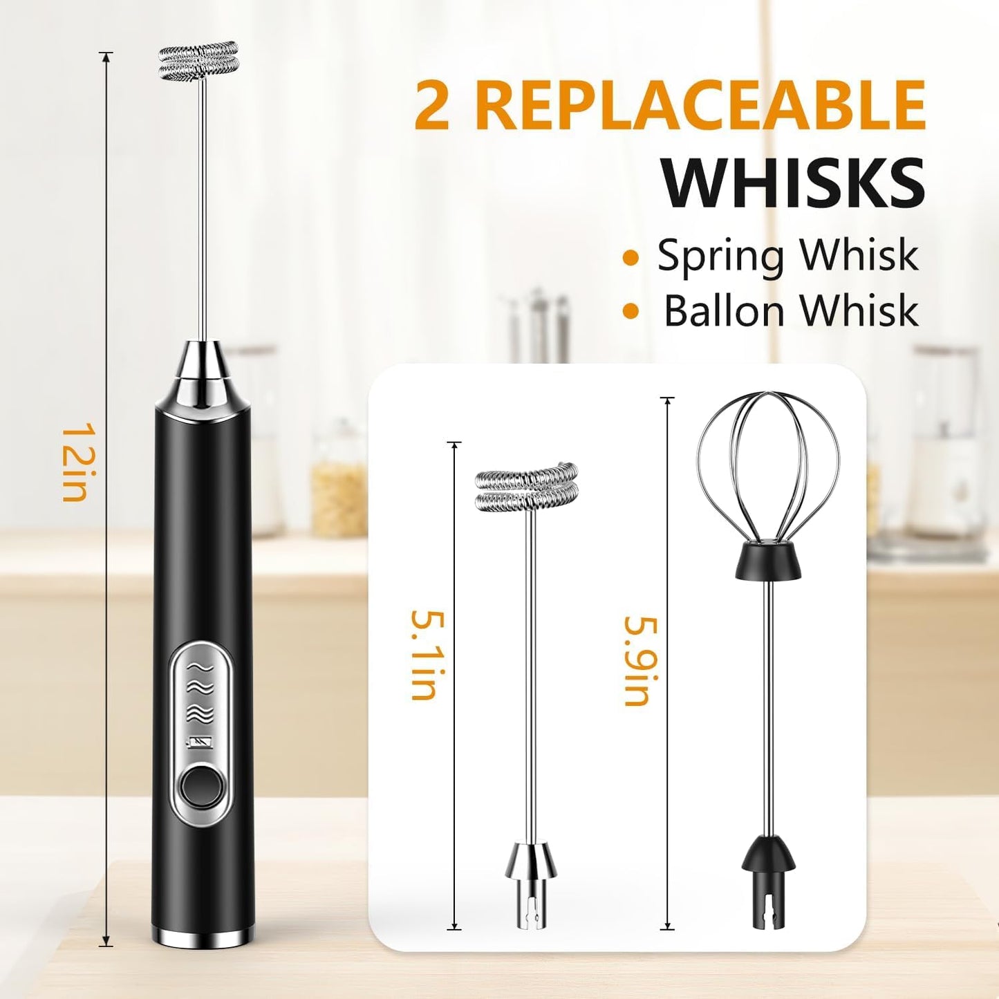 Votvy Rechargeable Milk Frother Handheld with 2 Heads, Black Color Coffee Electric Whisk Drink Foam Mixer, Mini Hand Stirrer with 3 Speeds Adjustable for Latte, Cappuccino, Hot Chocolate, Egg