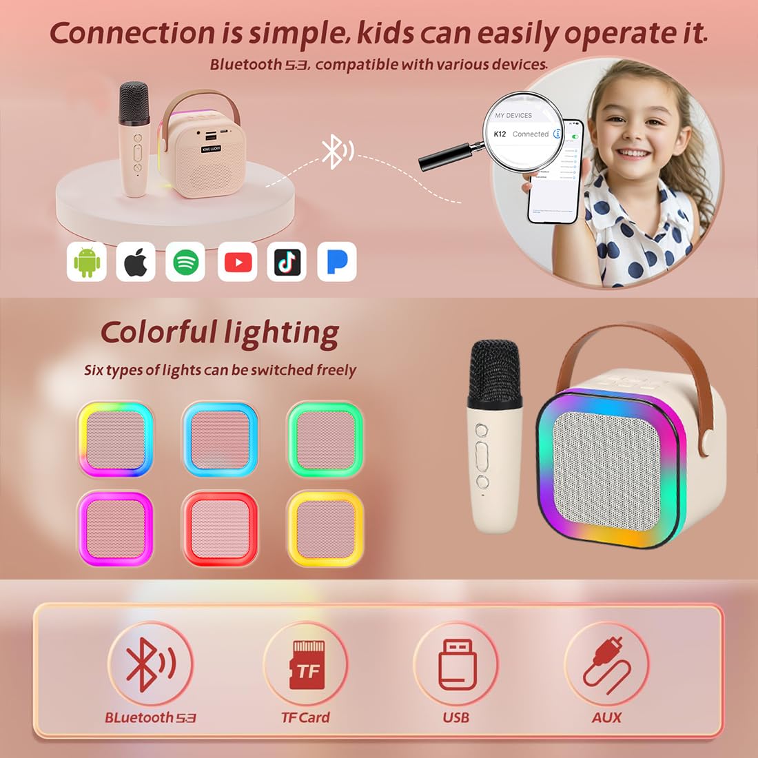 Votvy Electric Rechargeable Karaoke Mic with Speaker for Singing | Wireless Mini Portable Bluetooth Speaker with Microphone & LED Lights | Cute Birthday Gift for Kids Musical Toys for Boys, Girls and Adults