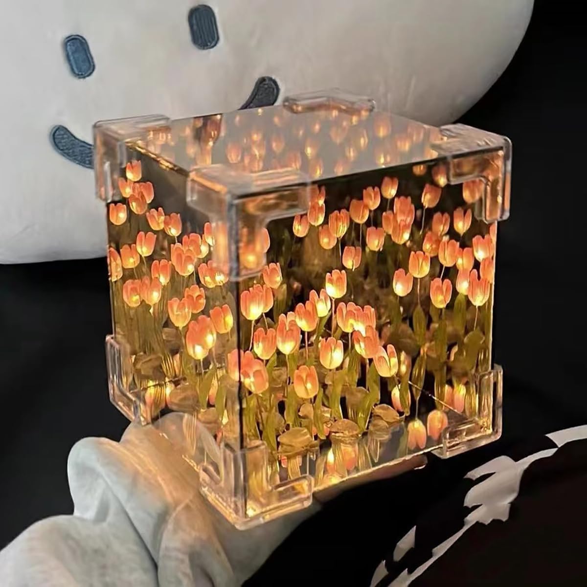 Votvy Acrylic DIY Tulip Cube Mirror Lamp, 30 Flowers LED Decorative Lamp, 2 In 1 Mirror & Table Ornaments For Bedroom Livingroom Desktop Decor Birthday Gift,Transparent