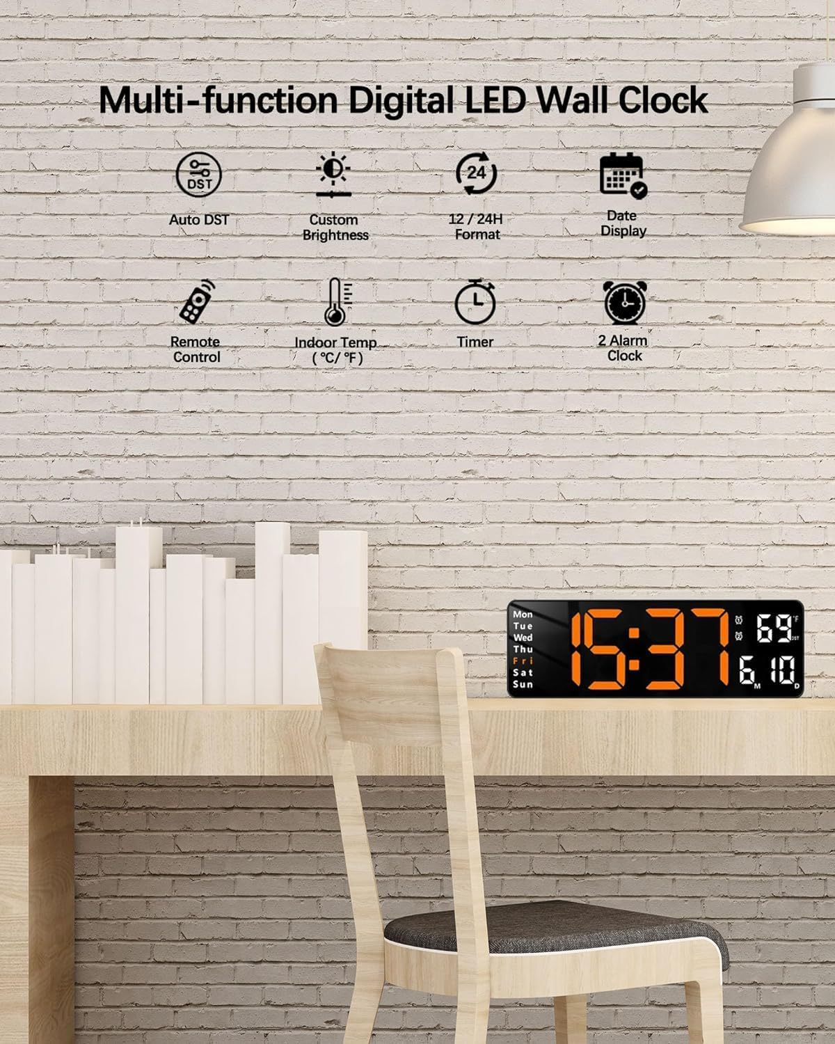 Votvy Digital Wall Clock Large Display Digital Clock with Remote Control Auto-Dimming Wall Clock with Night Light LED Digital Clock for Wall with Date, Temperature and Timer