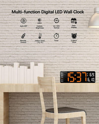 Votvy Digital Wall Clock Large Display Digital Clock with Remote Control Auto-Dimming Wall Clock with Night Light LED Digital Clock for Wall with Date, Temperature and Timer