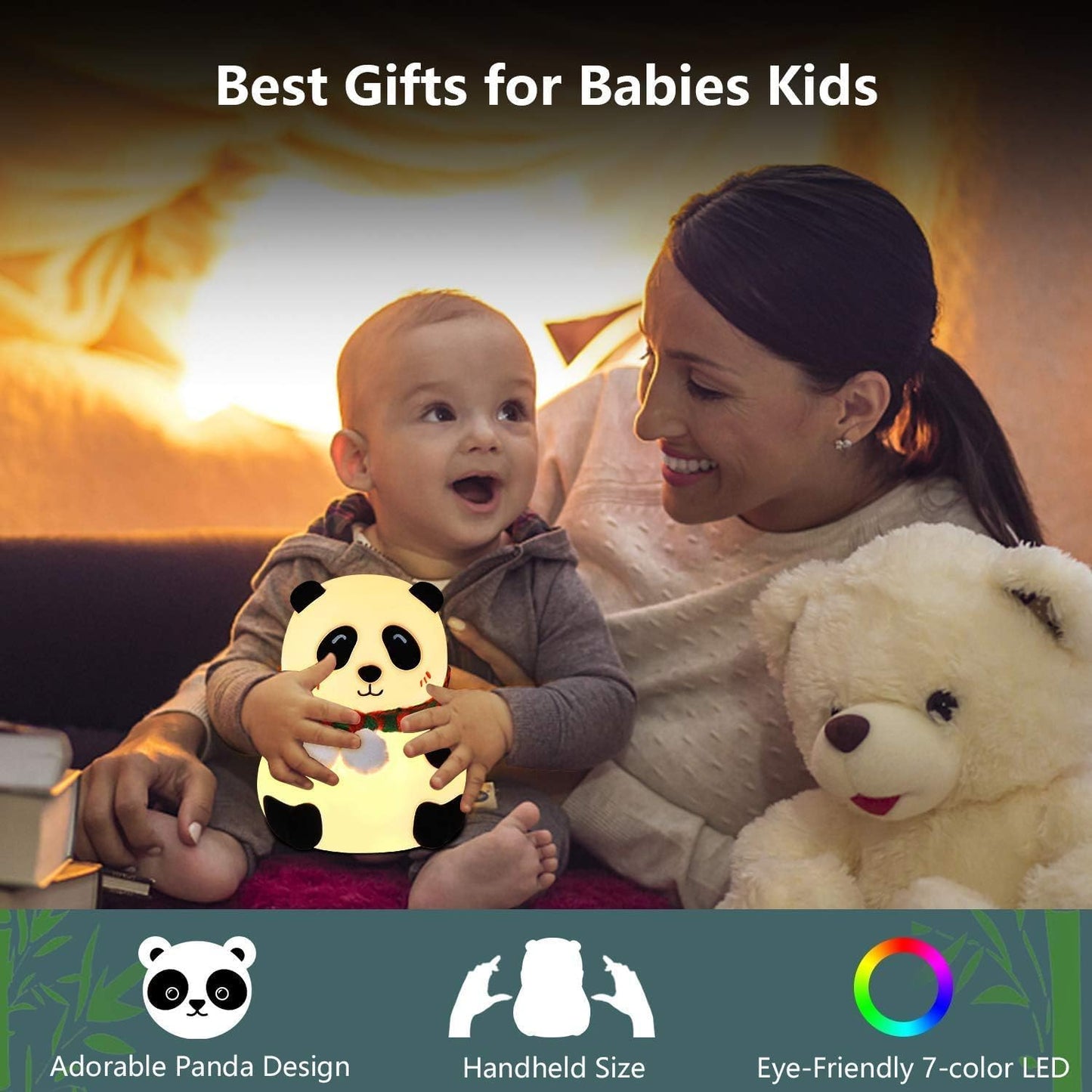 Votvy Electric  Rechargeable Panda Lamp, Cute Silicone Kawaii Night Lamp For Bedroom With Touch Gesture 7 Color Changing Adorable Christmas Gift Kids, Light,Table,Beside Kids Room