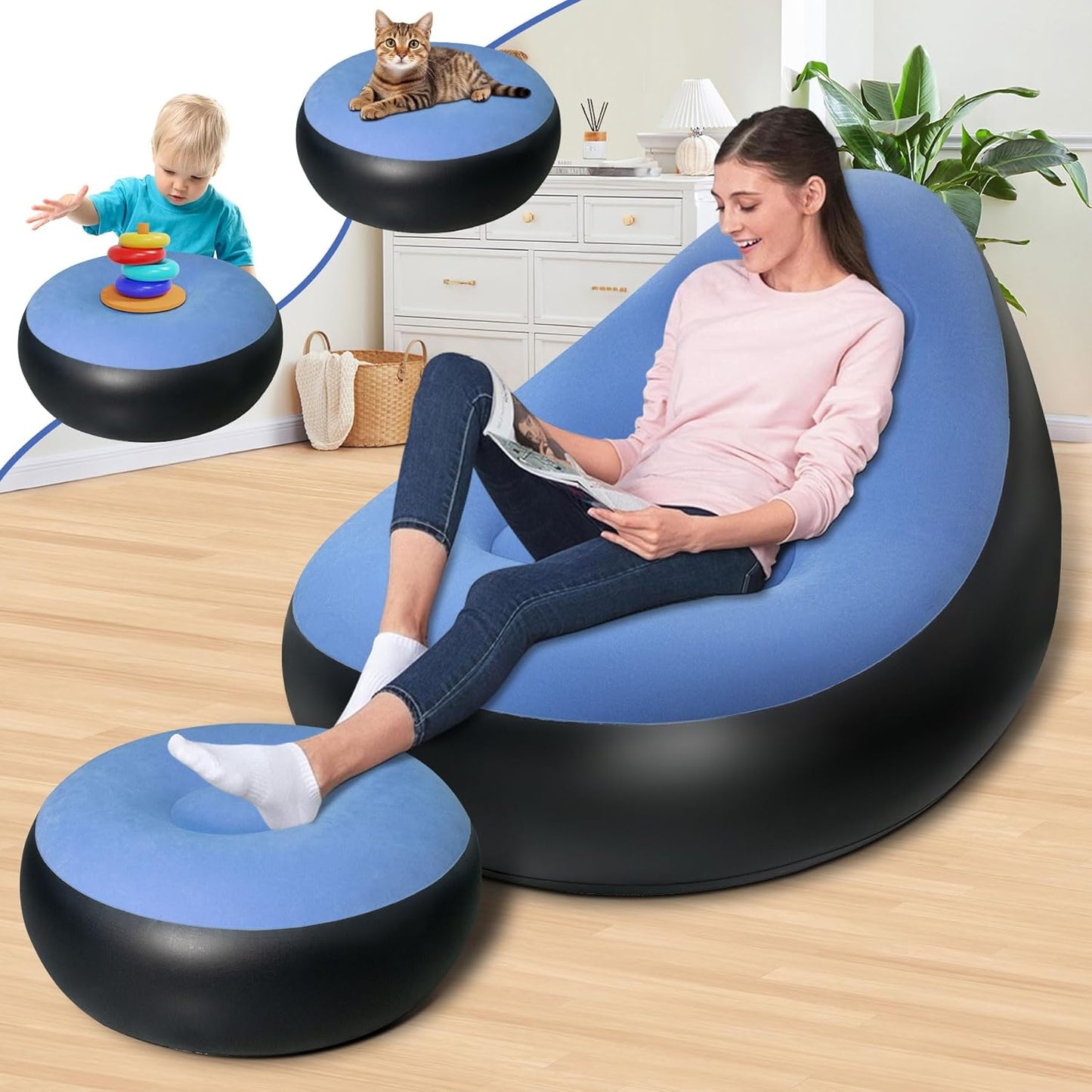 Votvy   Chair, Portable Fast Inflatable Sofa Chair with Foot Stool, Surface with Plush Smooth Comfortable Ideal for Living Room, Room and Outdoor Camping use