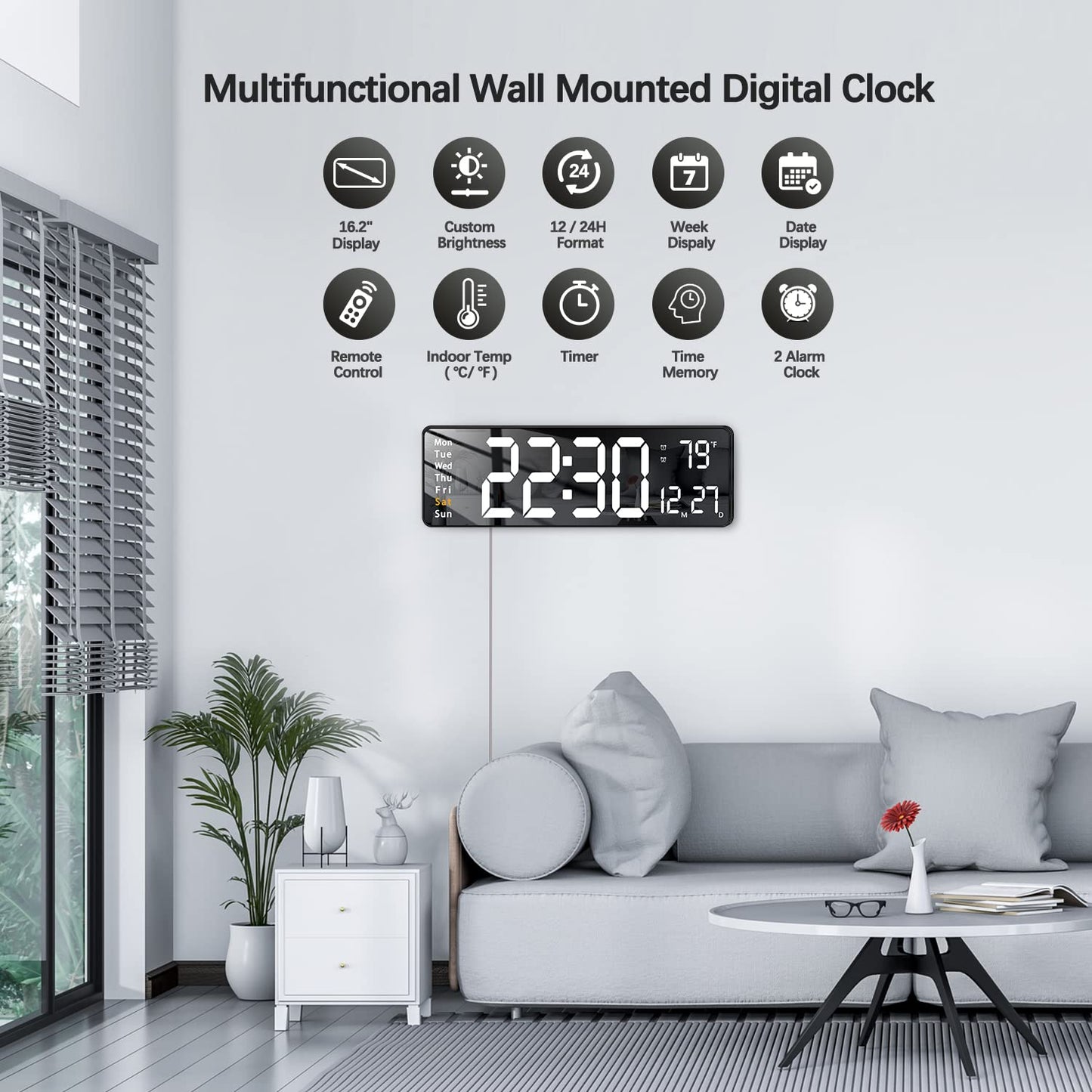 Votvy Digital Wall Clock Large Display Digital Clock with Remote Control Auto-Dimming Wall Clock with Night Light LED Digital Clock for Wall with Date, Temperature and Timer