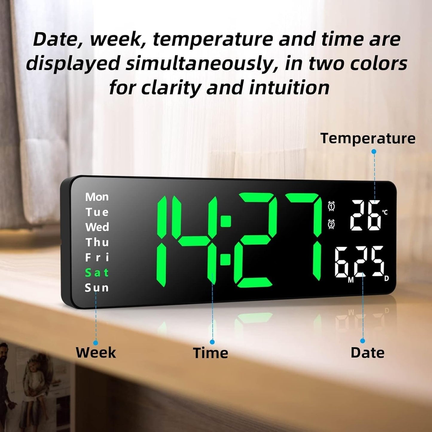 Votvy Digital Wall Clock Large Display Digital Clock with Remote Control Auto-Dimming Wall Clock with Night Light LED Digital Clock for Wall with Date, Temperature and Timer
