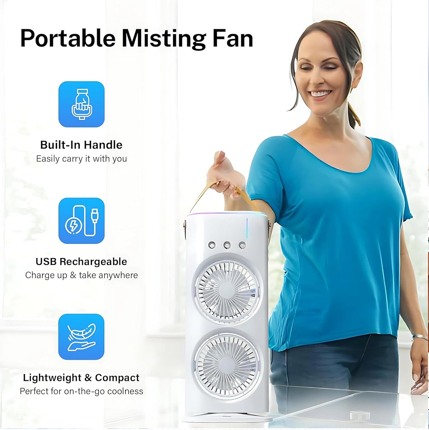 Votvy Electric Double Ended Spray Fan, Cold Air Fan, 2025 New 3 Gears USB Rechargeable Oscillating fan with LED Light Cooler Fan, Touch & Remote Control, 280ml Water Tank, Ice Filling Fan