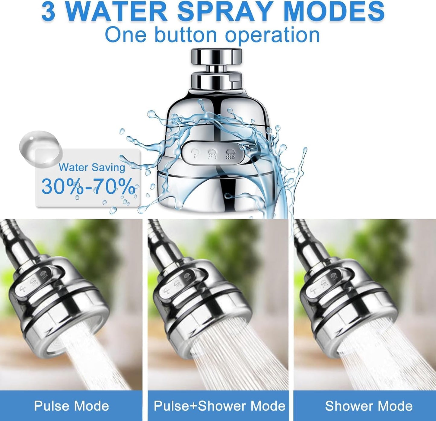 Votvy Tap Extender for Kitchen Sink, 3 Spray Modes Faucet Head Replacement, Sink Sprayer Faucet Tap Extender, Aerator with Stretchable Hose Attachment, Water Outlet for Kitchen, Bathroom (1, Silver)