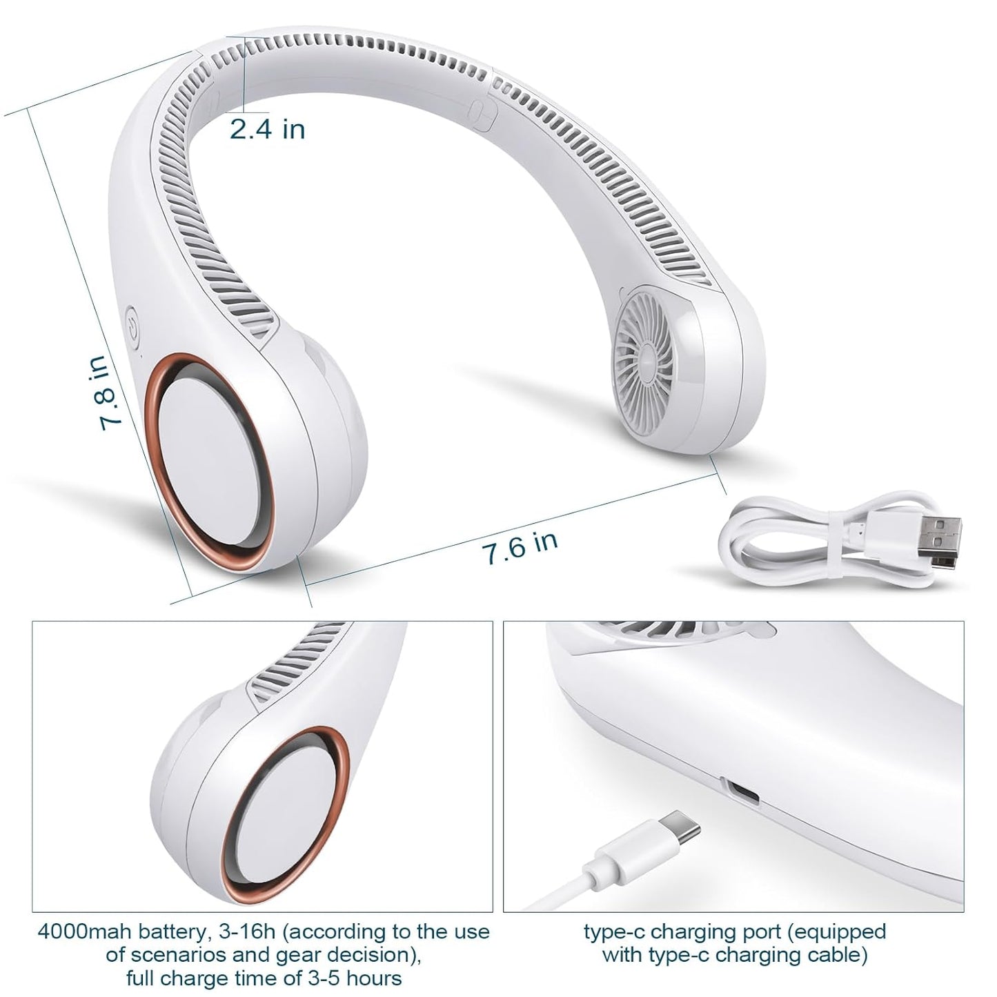 Votvy  Portable Electric Rechargeable Neck Fan USB Charging Battery Bladeless Neck Fan Smart Mini Hand Free 3 High Speed Fan Low Noise 360° Cooling NECK FAN