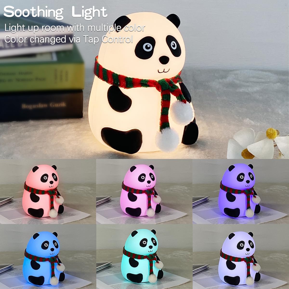 Votvy Electric  Rechargeable Panda Lamp, Cute Silicone Kawaii Night Lamp For Bedroom With Touch Gesture 7 Color Changing Adorable Christmas Gift Kids, Light,Table,Beside Kids Room