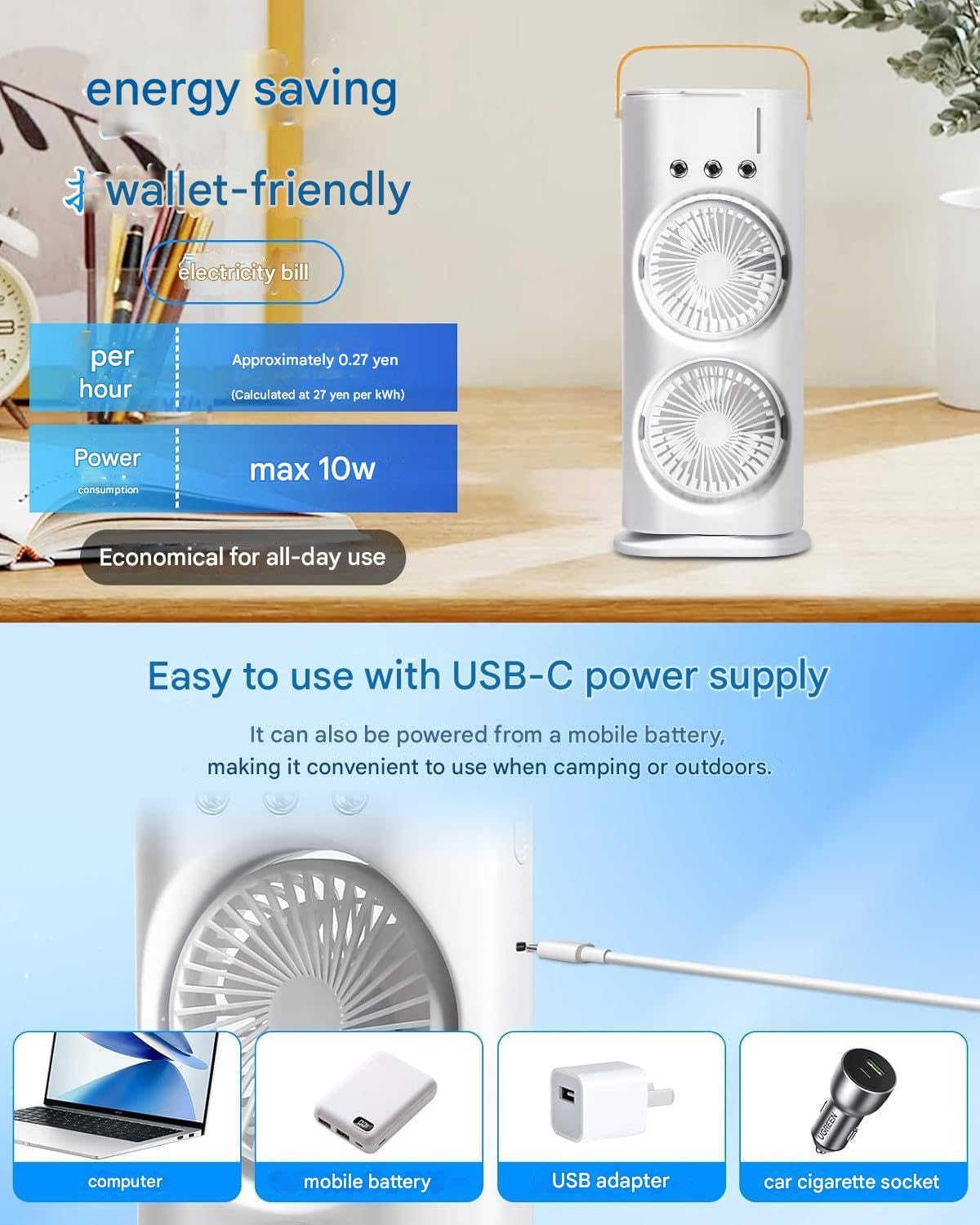 Votvy Electric Double Ended Spray Fan, Cold Air Fan, 2025 New 3 Gears USB Rechargeable Oscillating fan with LED Light Cooler Fan, Touch & Remote Control, 280ml Water Tank, Ice Filling Fan